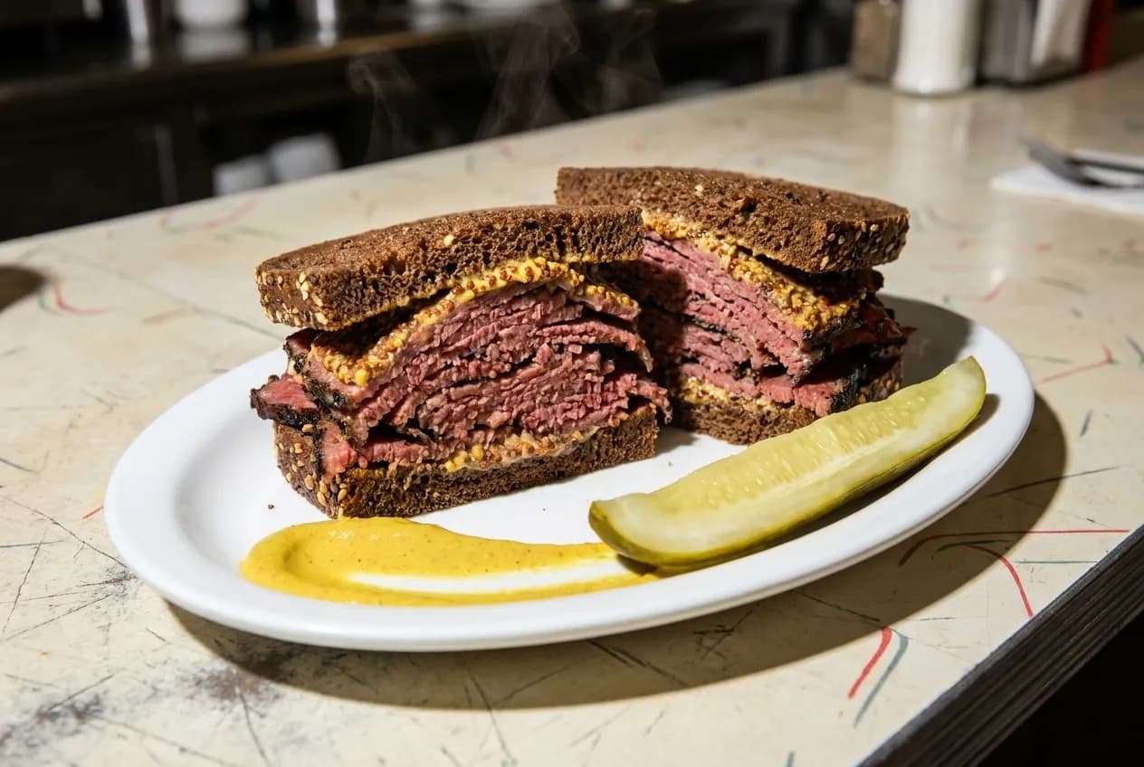A thick hand-cut pastrami sandwich on rye sliced in half on a plate