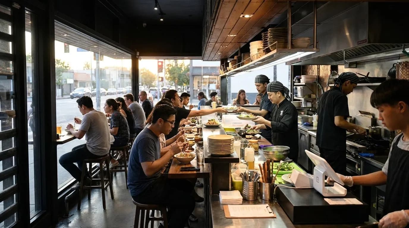 A busy Los Angeles counter restaurant seen from the doorway, a queue at the register and every stool along the window occupied under warm evening light