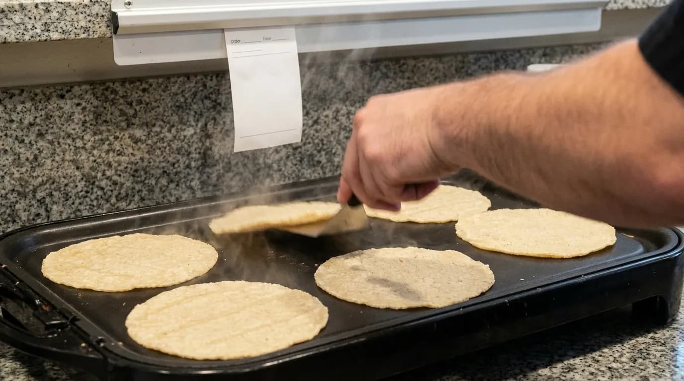 A close view of a hand-written order ticket clipped above a hot griddle with tortillas warming, steam rising and the blur of a cook's arm in motion