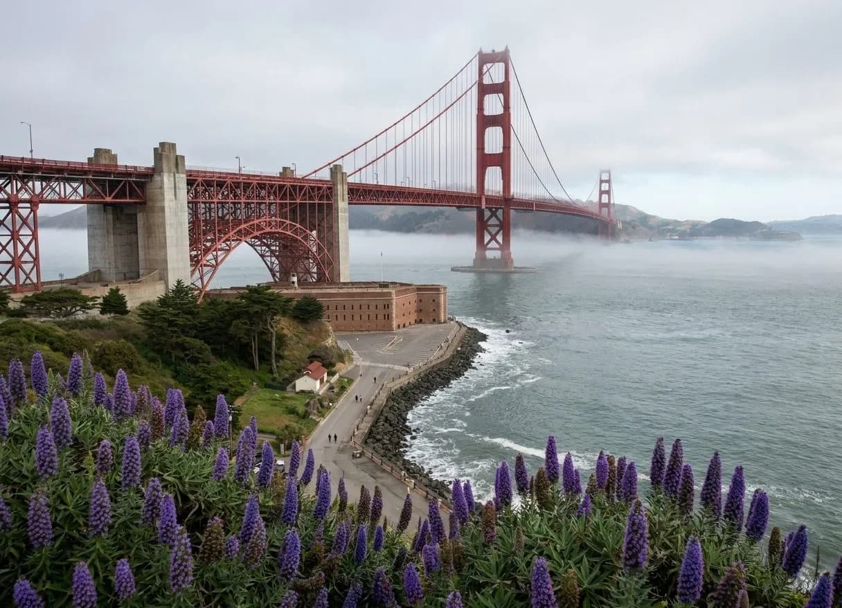 Golden Gate Bridge rising above Crissy Field on a foggy morning