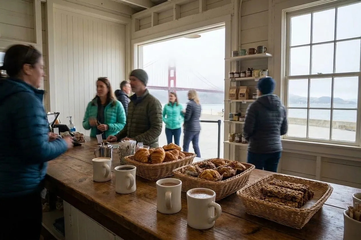 Coffee and snacks at the Warming Hut with the bay outside