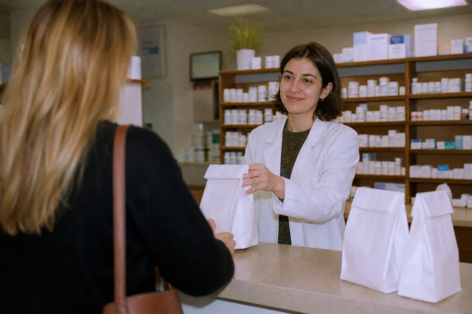 An in-store pharmacy counter with white prescription bags waiting for pickup