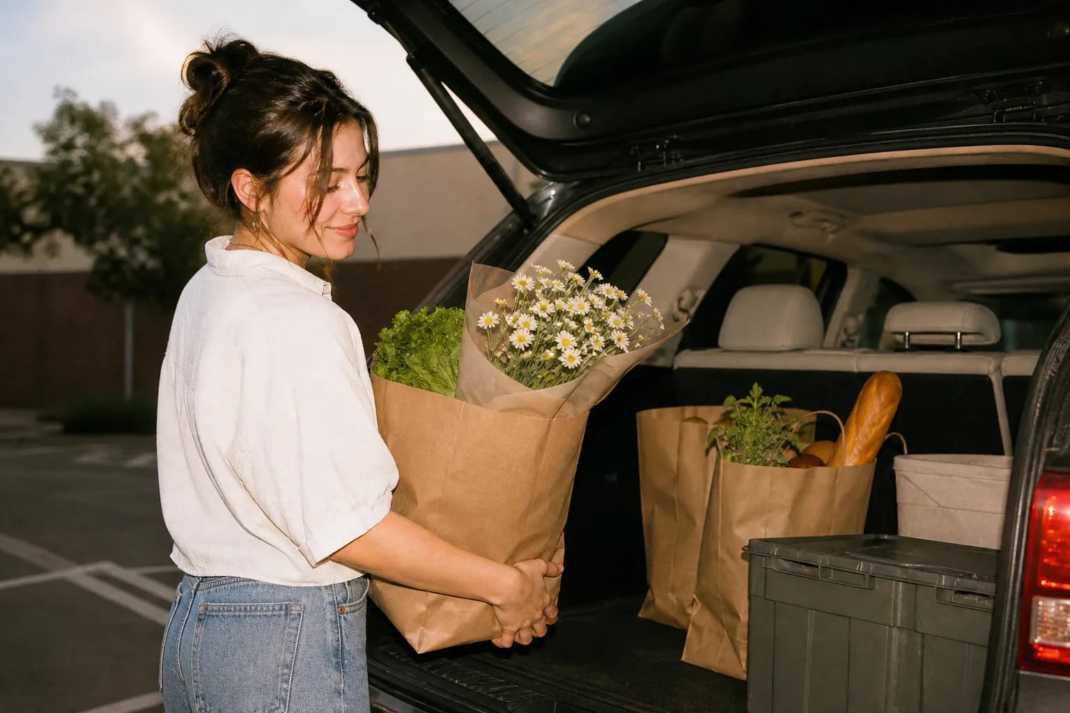 Grocery bags being loaded into the back of a car at a store pickup spot