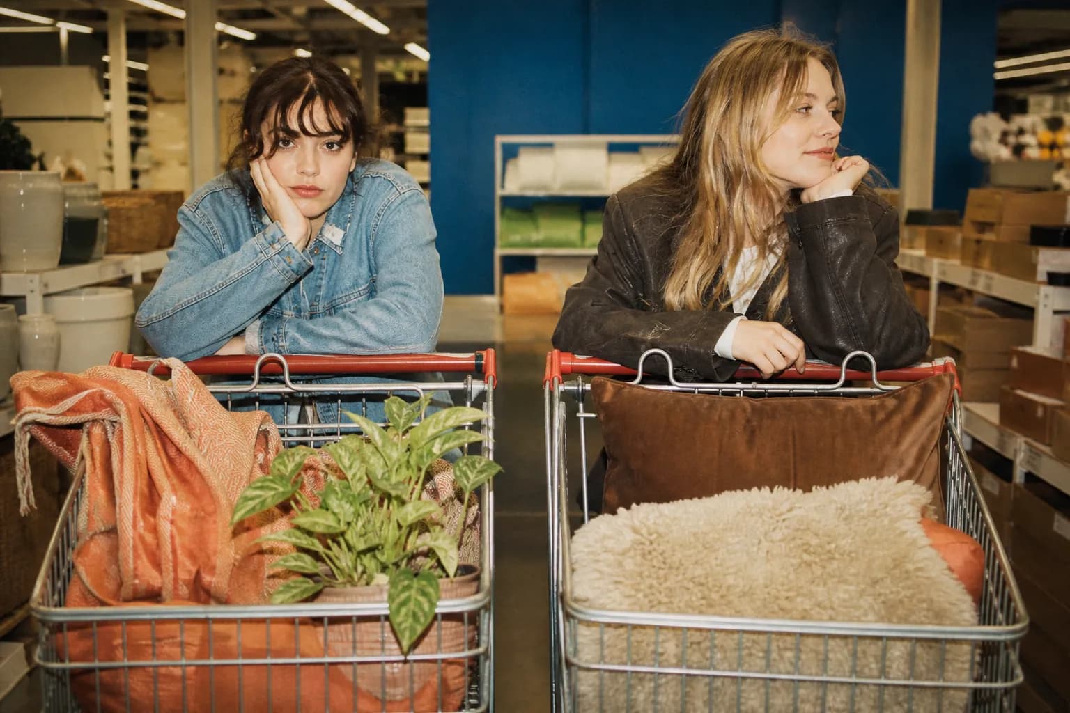 Two shopping carts positioned side by side in a bright store aisle