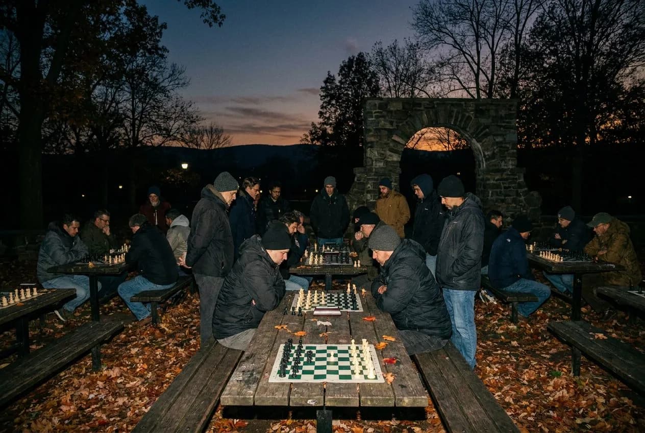 washington square park's chess tables on a weekday afternoon