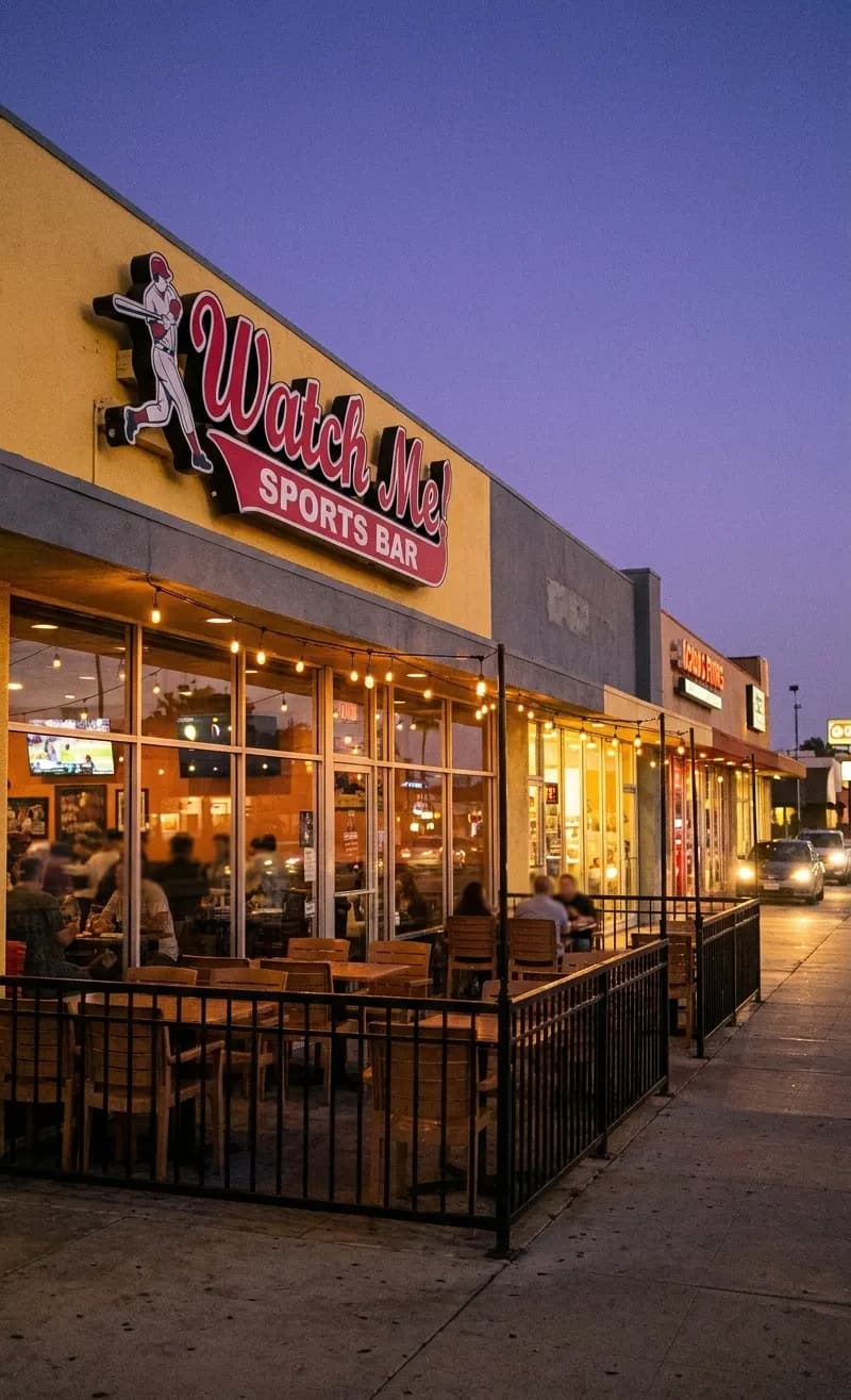 Watch Me! Sports Bar exterior at dusk on Pacific Coast Highway in Long Beach, with illuminated signage and patio seating visible