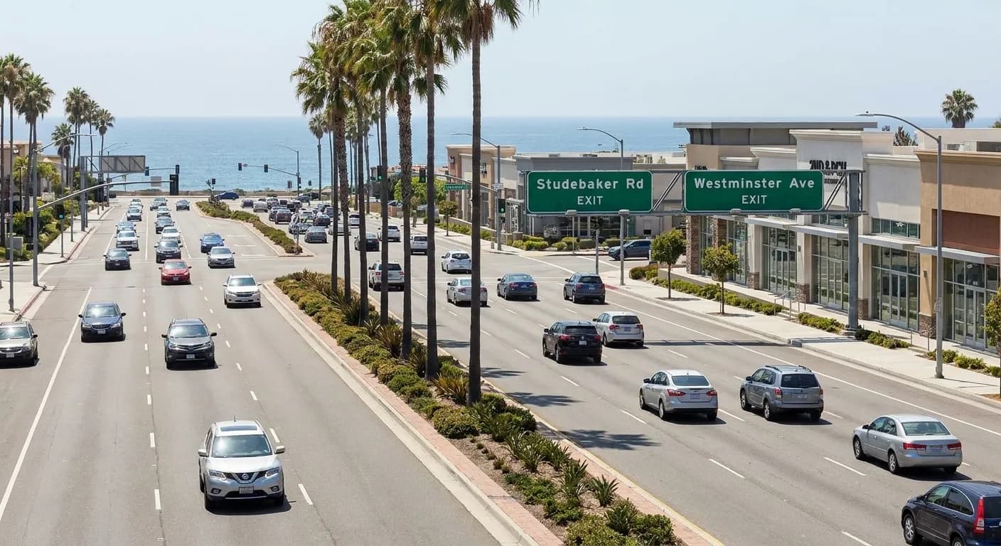 Pacific Coast Highway in Long Beach's Marina district at midday, showing the roadway, palm trees, and retail buildings near 2ND & PCH