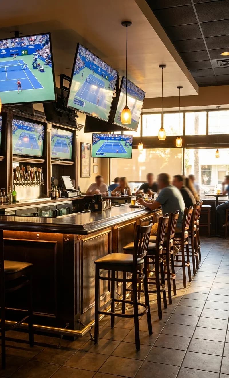 Interior of Watch Me! Sports Bar showing multiple television screens mounted above the bar with seating area visible