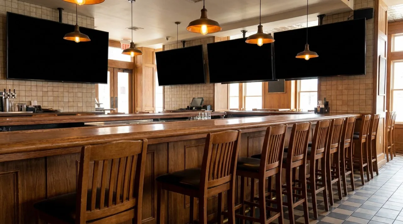 Wooden bar interior with mounted screens and soccer scarves at a Highland Park pub