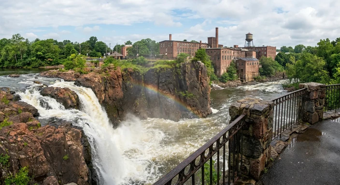 Paterson Great Falls with historic mills, rocky gorge, mist, and a rainbow