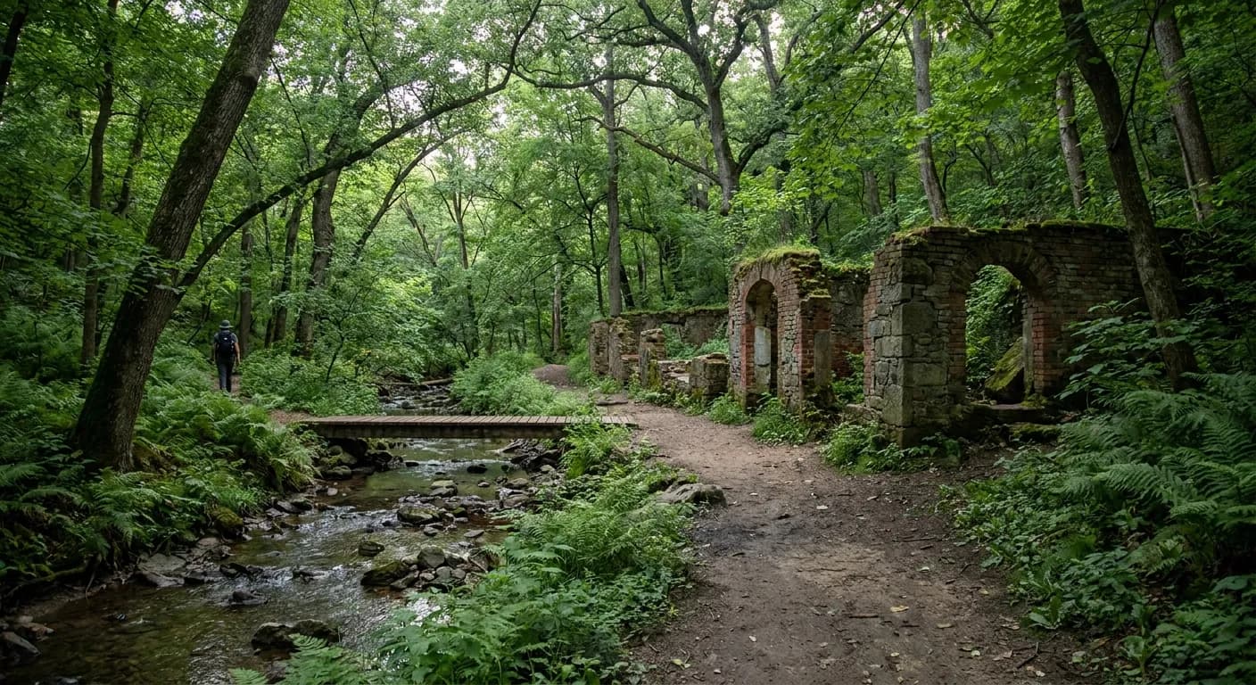 A shaded creek trail through the West Point Foundry Preserve