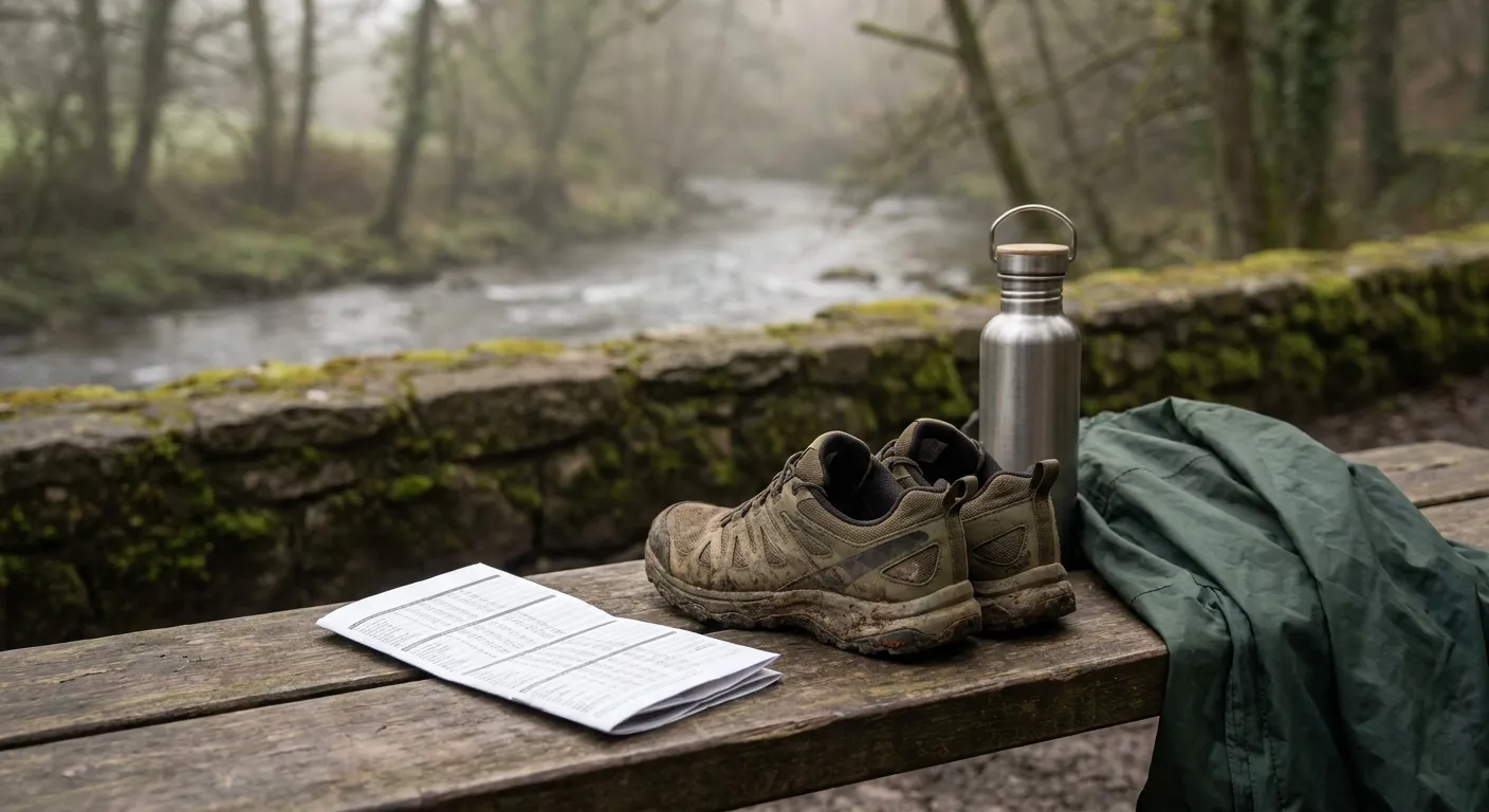 Trail shoes, water, and a folded train timetable on a bench beside a creek