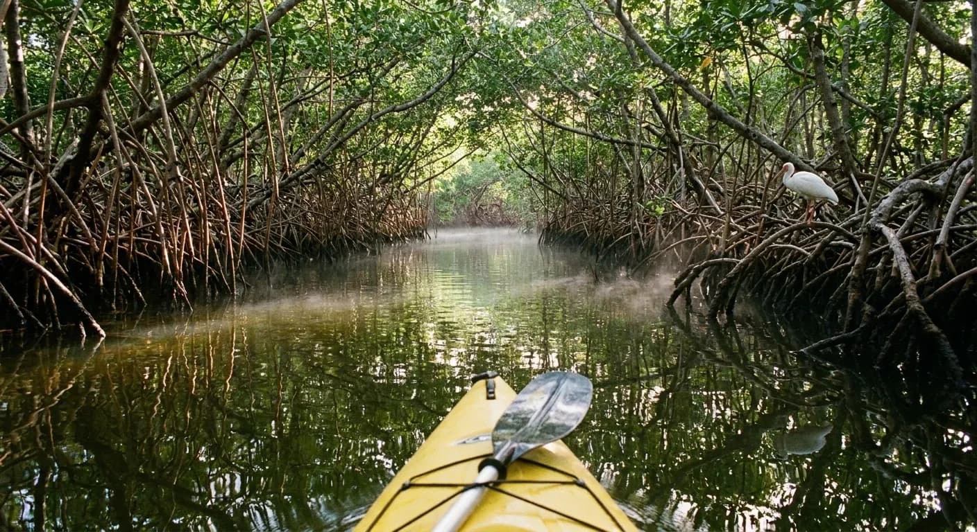 A narrow mangrove channel near Miami at dawn, arching prop roots overhead and a kayak bow entering the frame
