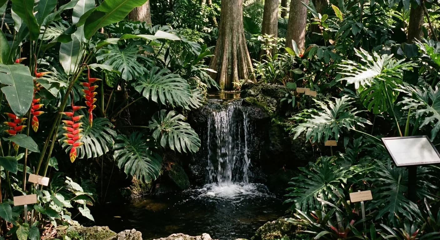 A small waterfall dropping over coral rock into a dark pool inside a dense Coconut Grove tropical garden