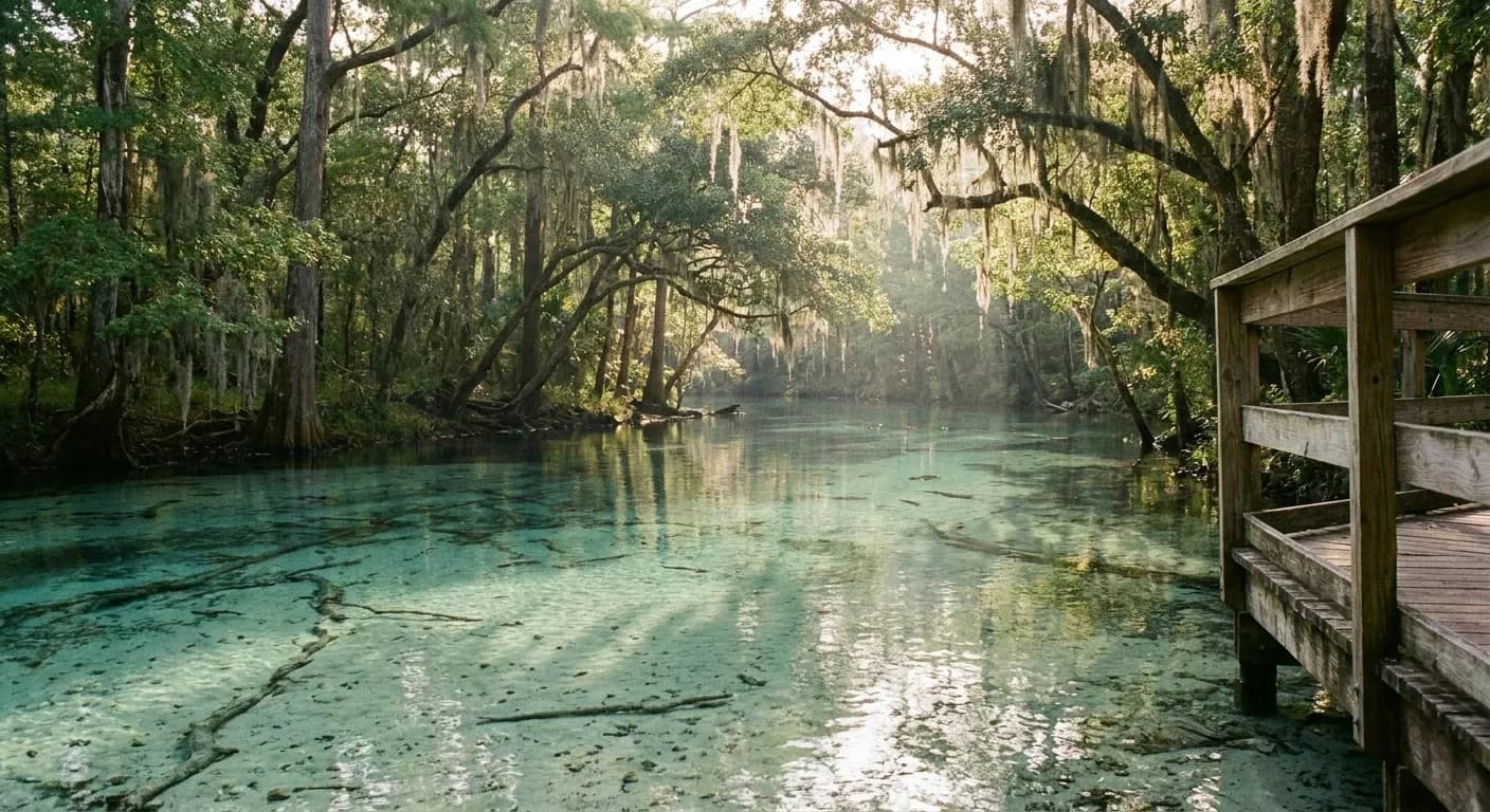 A north Florida spring run in the morning, water clear enough to show the sand bottom, cypress and oak arching overhead with light on the surface