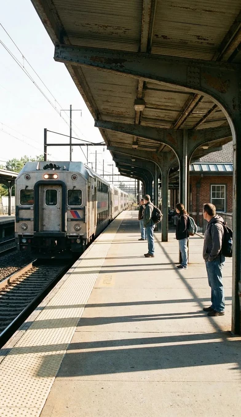 A quiet New Jersey commuter platform on a Saturday morning, a double-decker train pulling in past four people waiting with day packs under a steel canopy