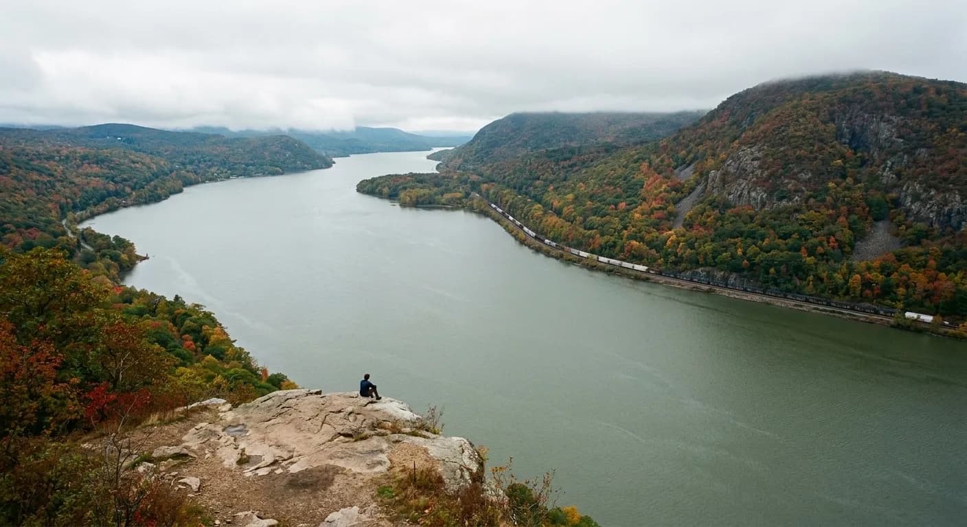 An overlook above the Hudson Highlands in early autumn, the river curving between steep wooded ridges