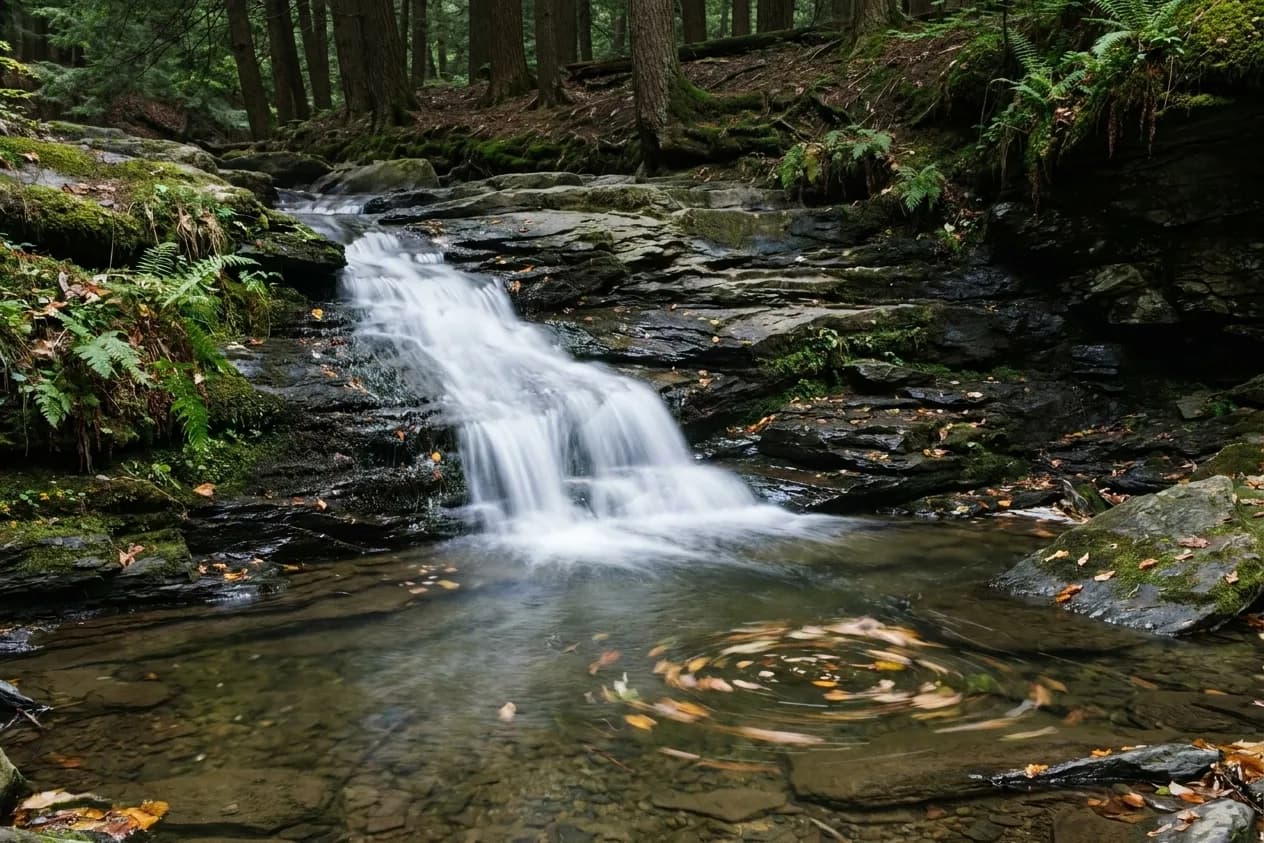A small Hudson Valley cascade sliding over dark layered rock into a clear shallow pool after rain