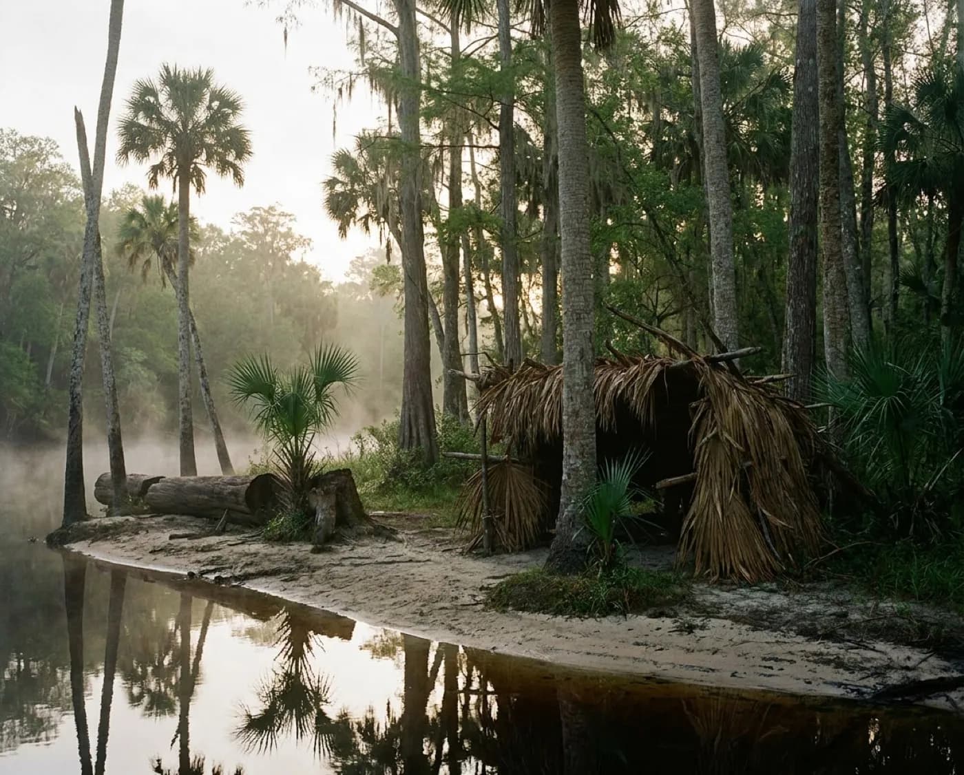 A dark tannin-stained river winding between cypress and palm on a still morning, seen from a low bank