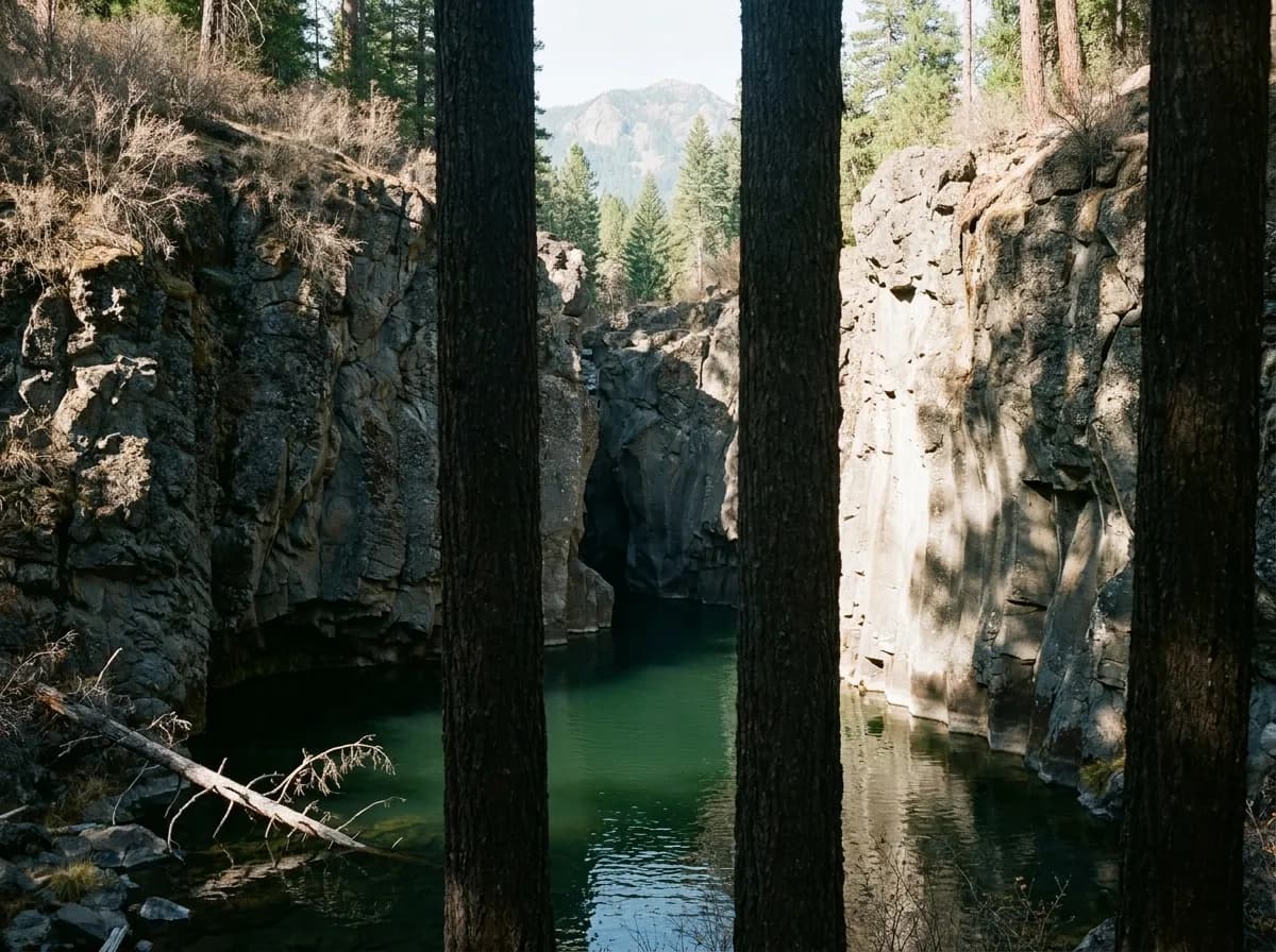 A deep still green pool enclosed by steep grey volcanic walls with dry brush along the rim