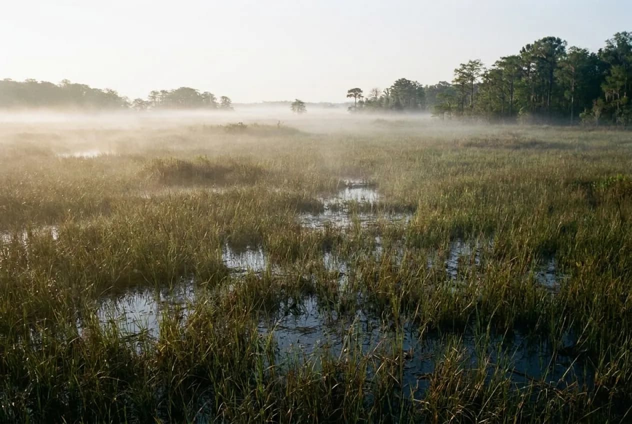 A vast flat expanse of sawgrass and shallow dark water with cypress domes on the horizon in pale early light