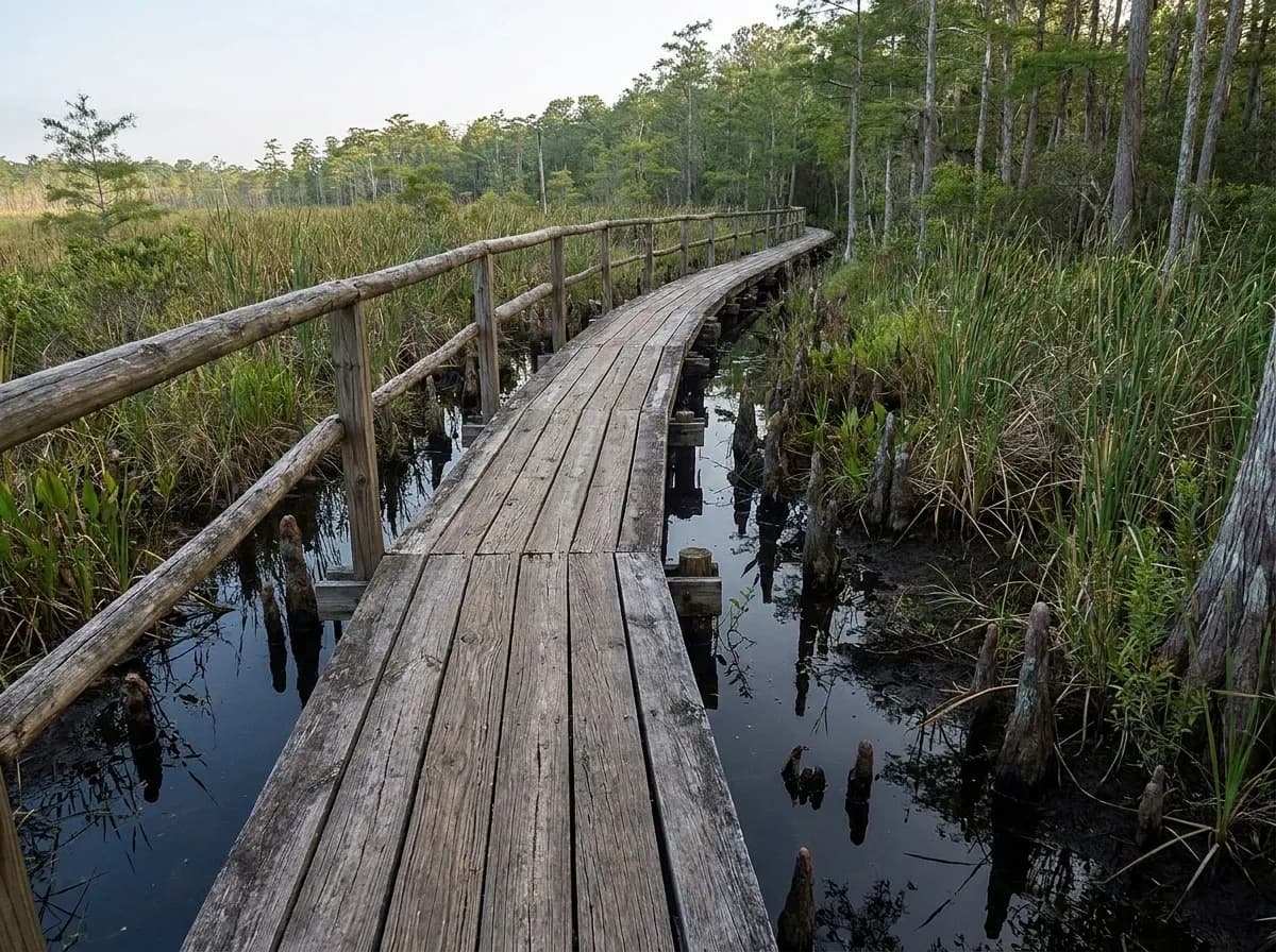 A boardwalk running low over dark still water through sawgrass and cypress in flat morning light