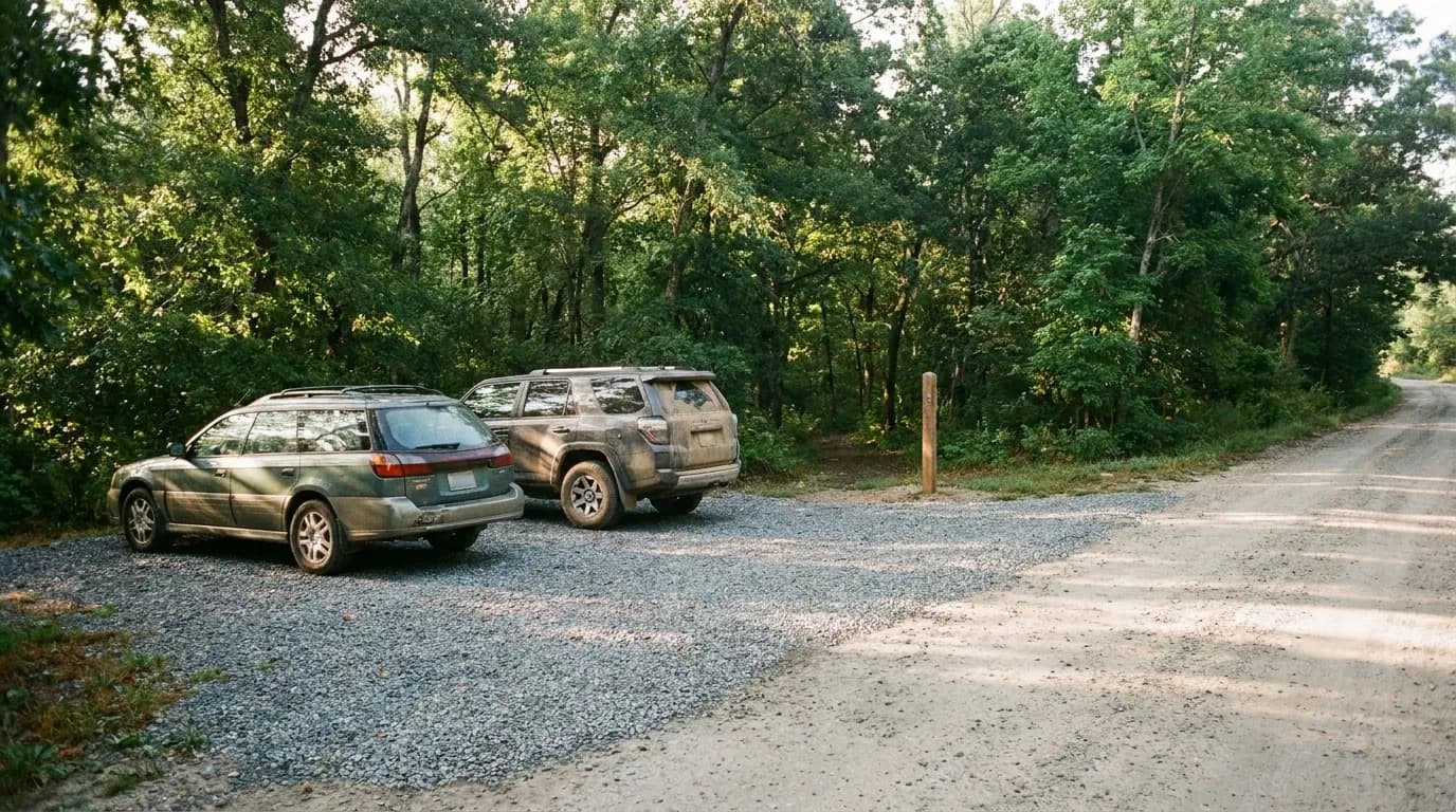 A small gravel trailhead parking area with two parked cars at the edge of a forest road in morning light