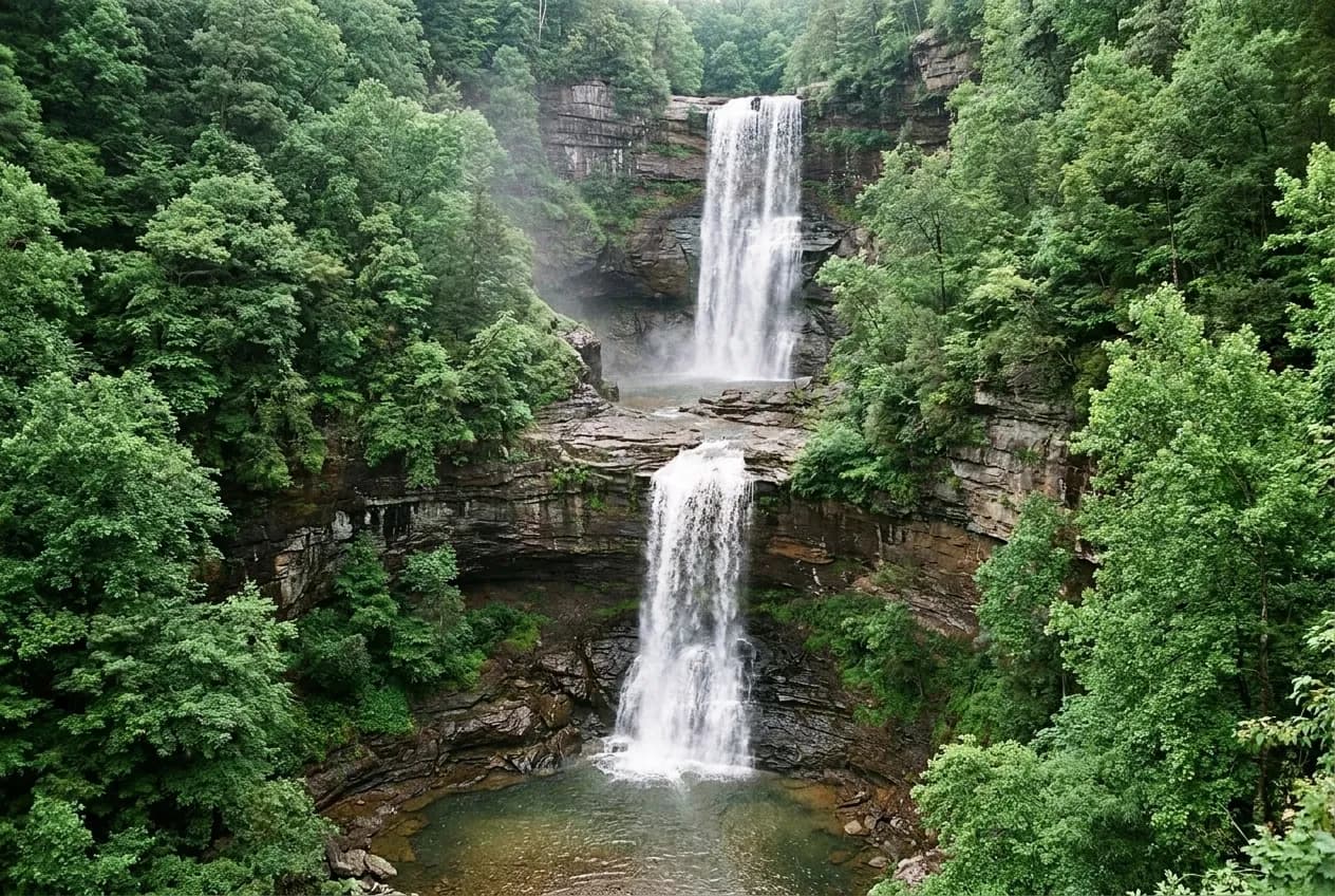 A tall two-tier waterfall dropping over dark layered rock into a green wooded gorge