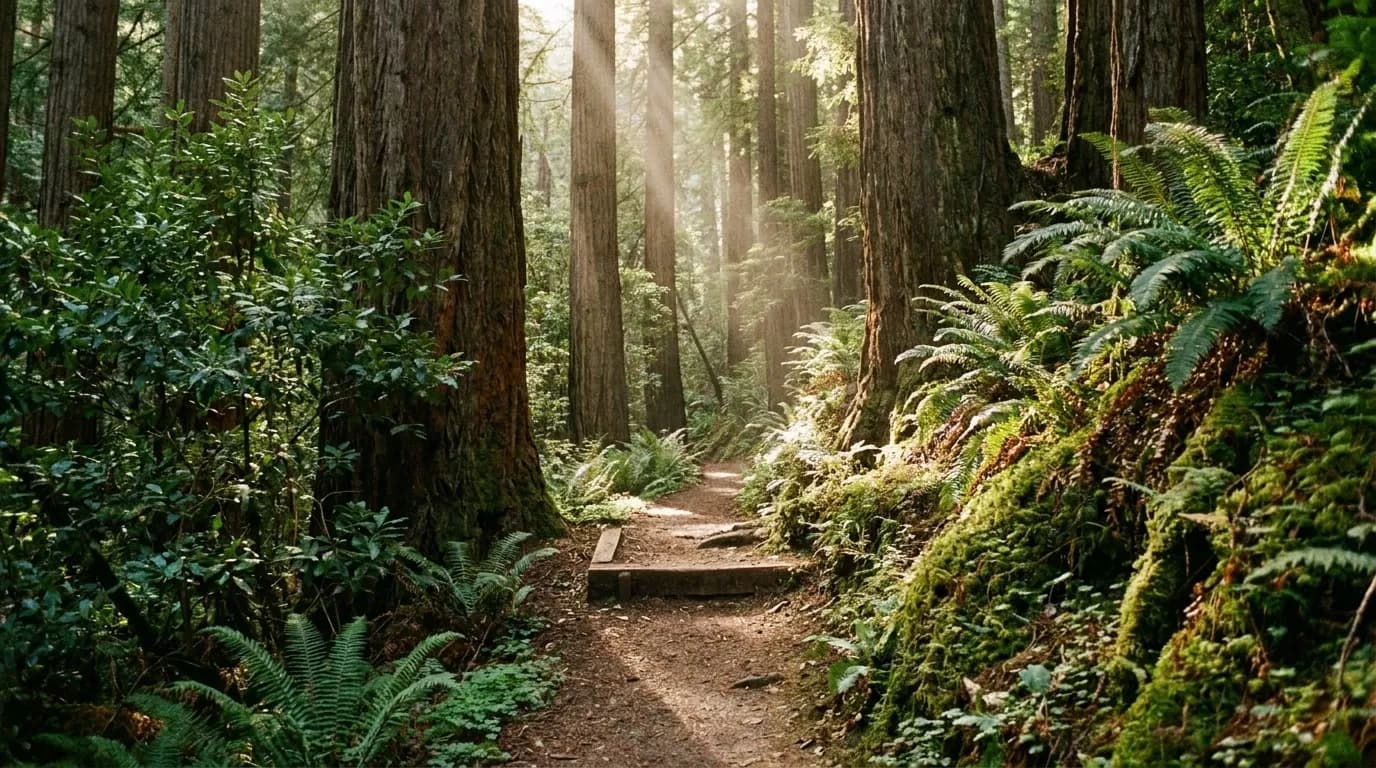 A narrow dirt trail climbing between tall redwood trunks with ferns and filtered light through the canopy