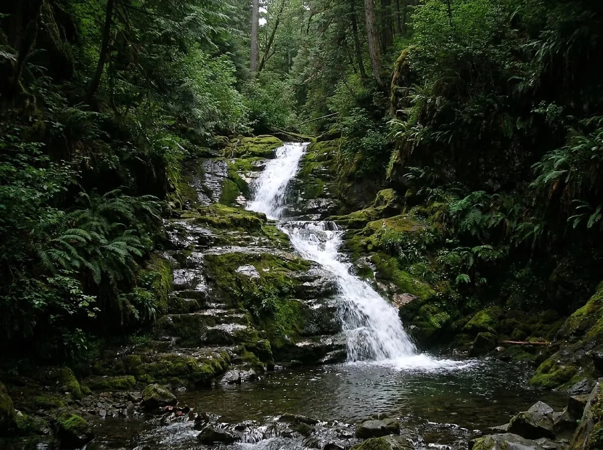 A narrow creek cascading over mossy rock steps through a dark redwood ravine