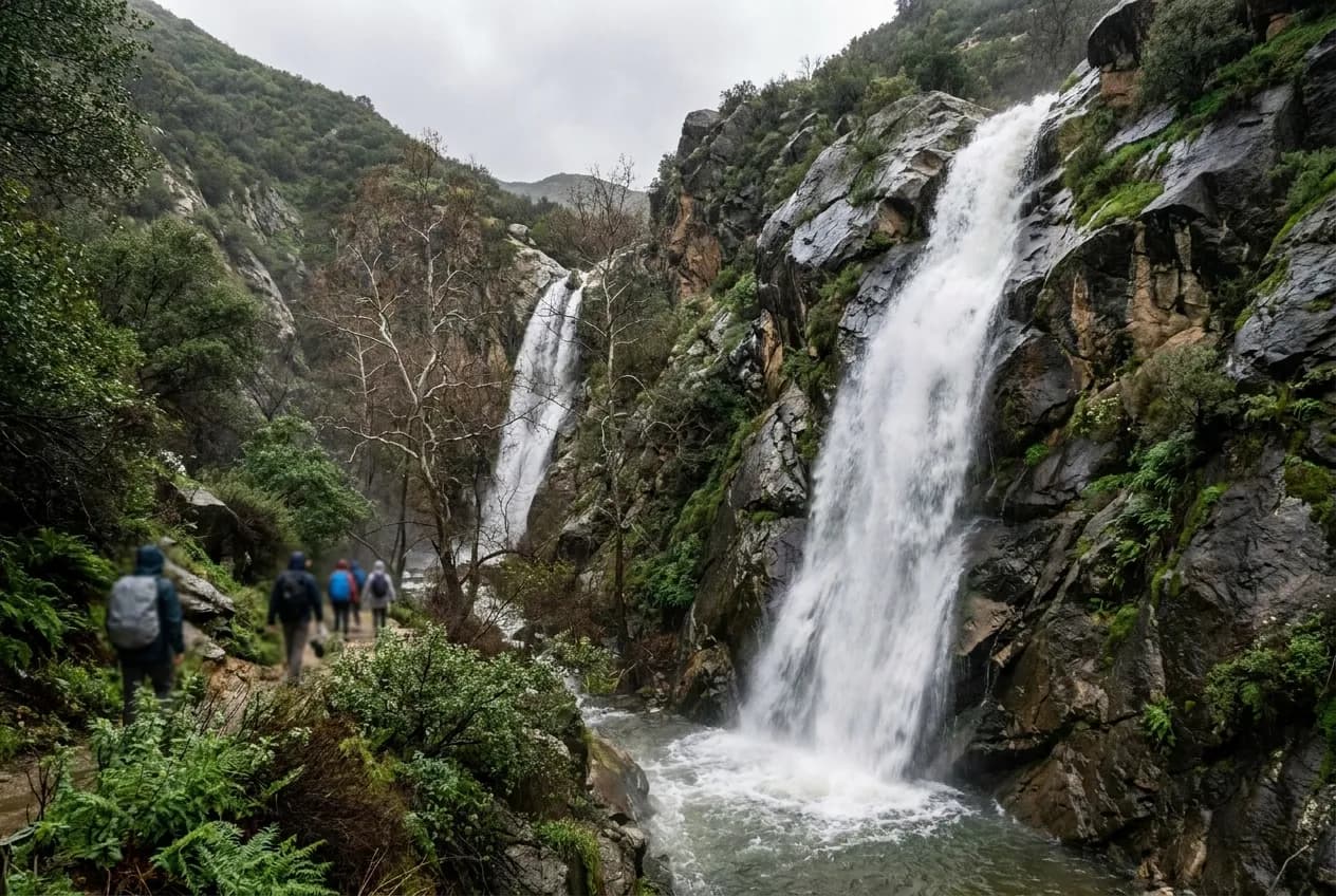Waterfall flowing over granite cliff in Los Angeles area canyon after winter storm