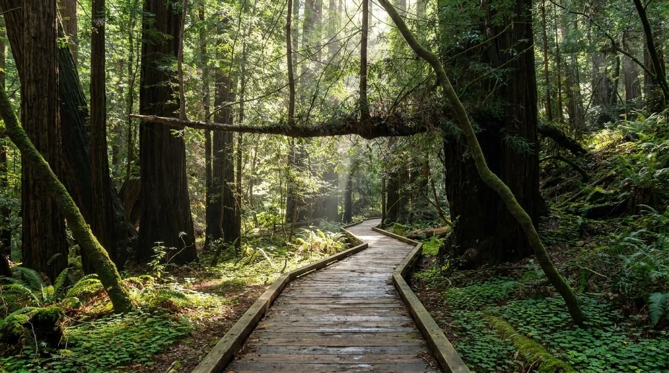 A path through tall old-growth redwoods with shafts of light through the canopy and ferns crowding the forest floor beside a wooden boardwalk