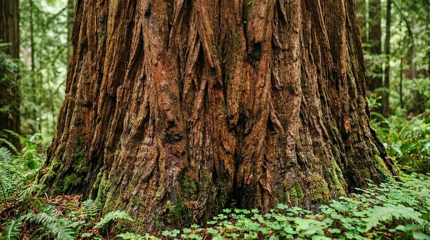 A close view of the base of a giant redwood trunk with deeply furrowed cinnamon bark, ferns and sorrel at its foot and soft green light filtering down
