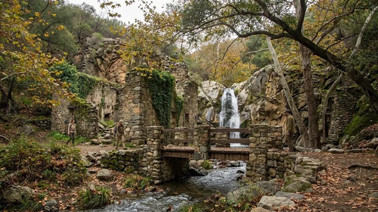Stone ruins and shaded creek scenery at a canyon waterfall hike