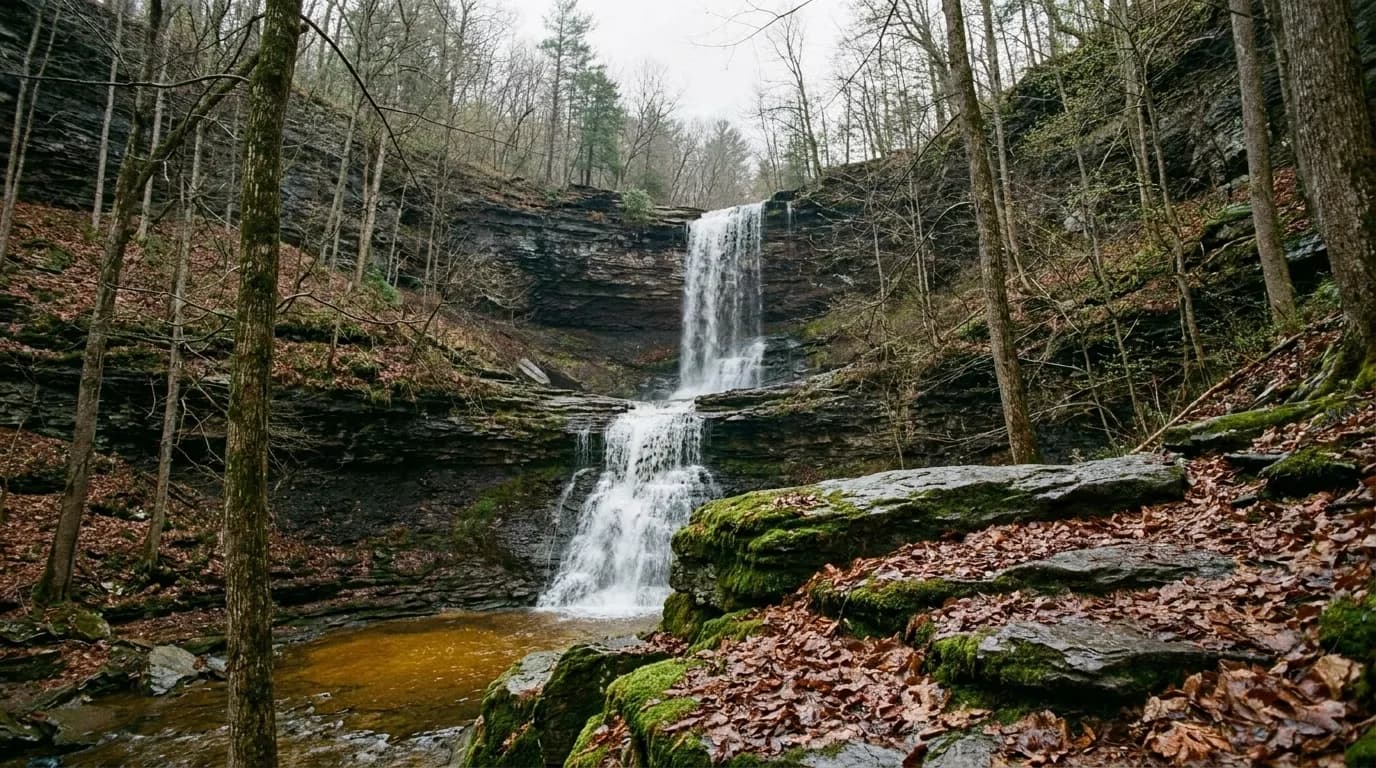 A tall two-tier waterfall dropping into a wooded gorge with wet rock ledges below