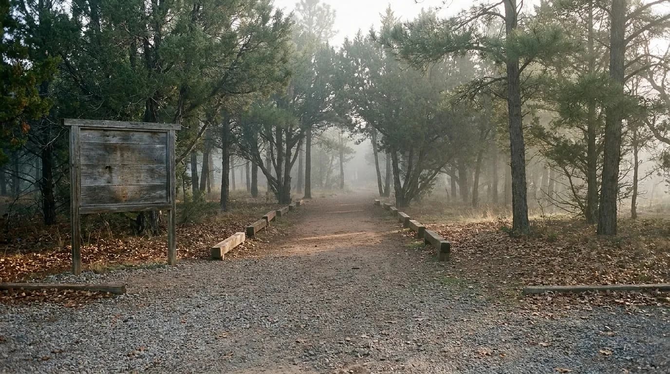 A gravel trailhead parking area at the edge of a forest with a wooden fence and a footpath
