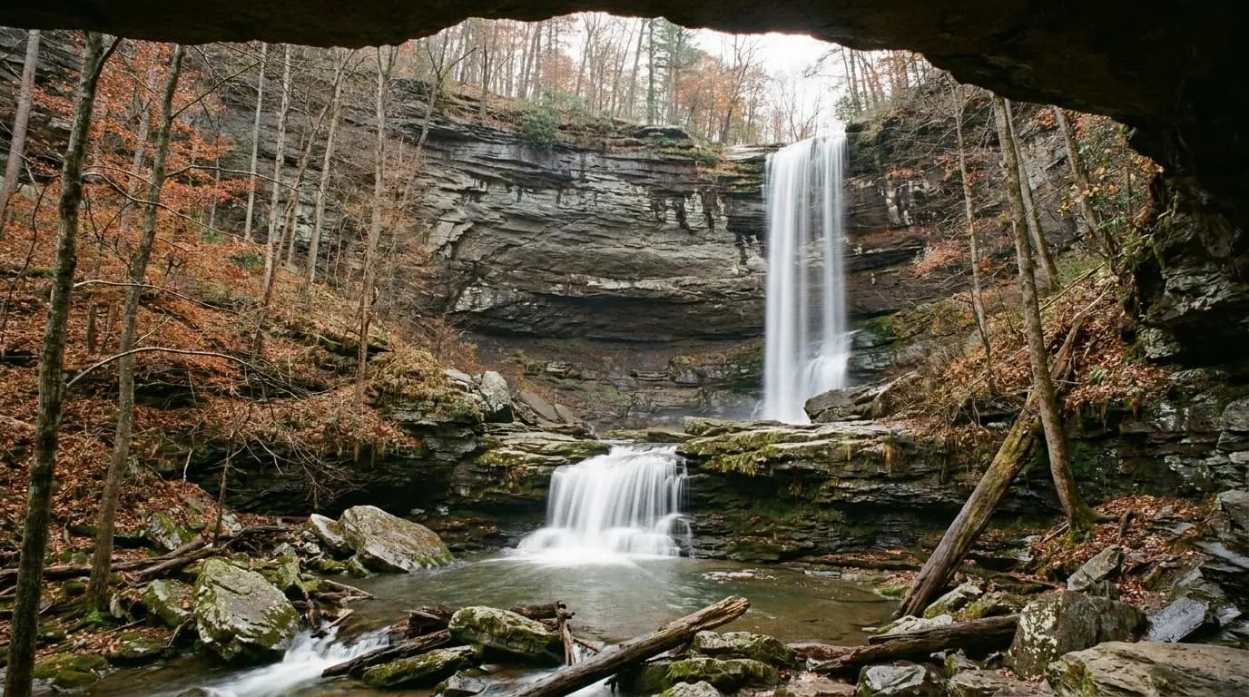 A tall two-tier waterfall dropping into a shaded amphitheatre of layered rock, bare trees framing the edges and a scatter of boulders in the plunge pool below