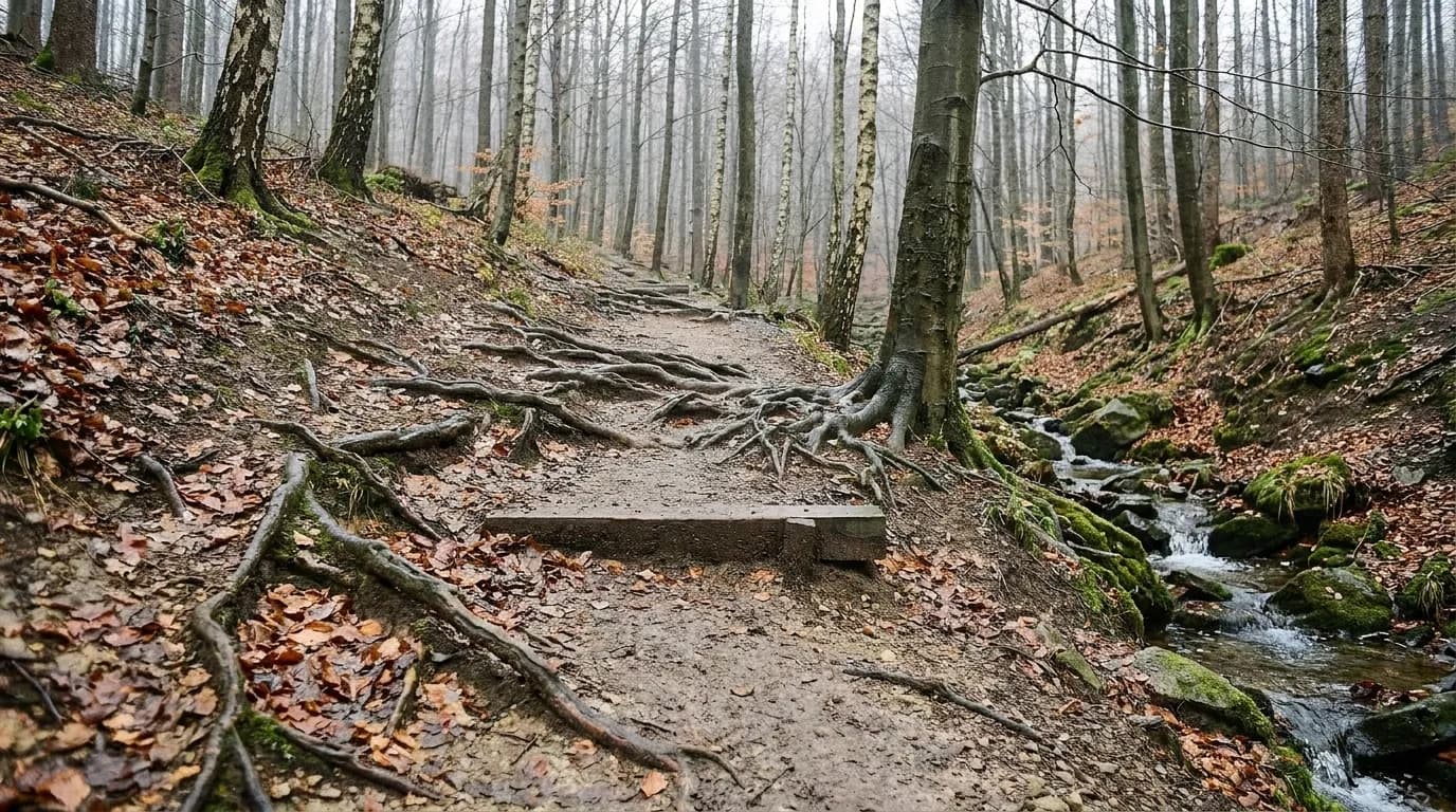 A narrow woodland trail of packed dirt and exposed roots climbing beside a stream, with a wooden step set into the slope and wet leaves across the path