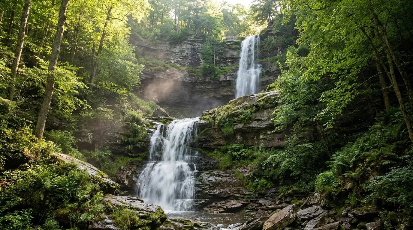 Kaaterskill Falls cascading through forested cliffs in the Catskill Mountains