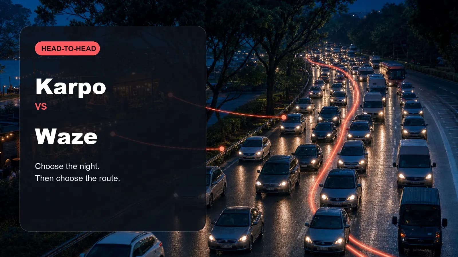 Karpo vs Waze comparison showing city discovery and live driving navigation