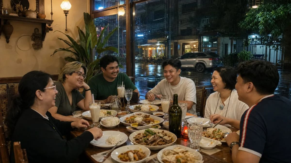 Friends sharing dinner after choosing a destination that fits the group