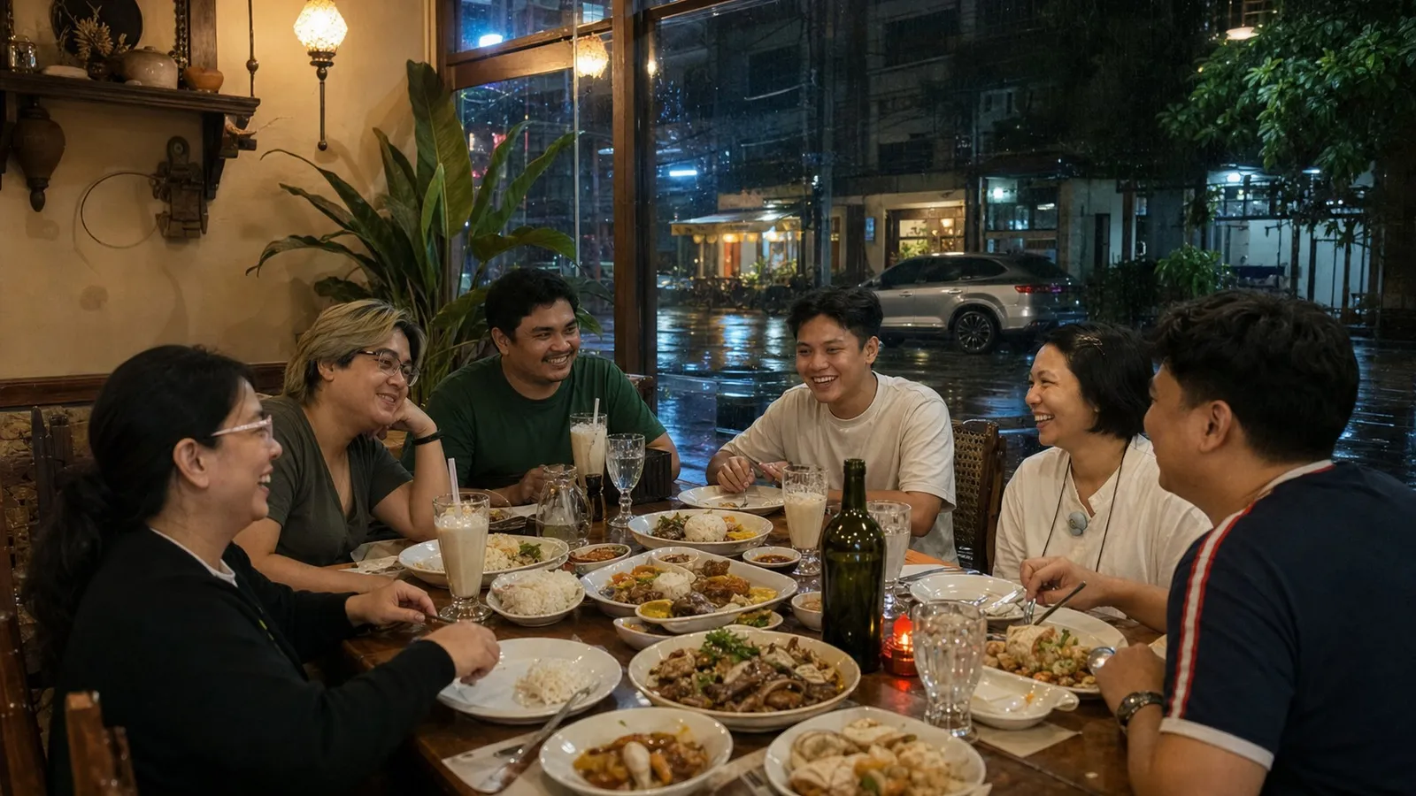 Friends sharing dinner after choosing a destination that fits the group
