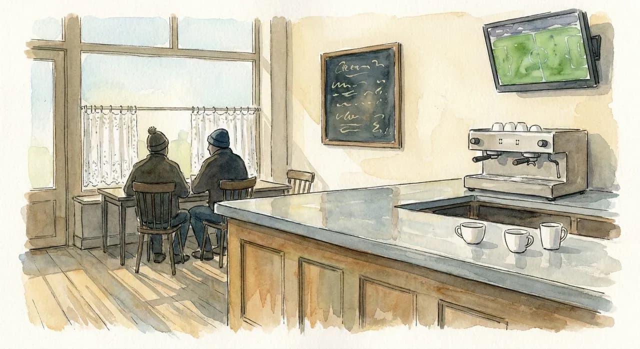 Watercolor of an Ironbound corner cafe interior in early morning with espresso cups and an abstract green soccer pitch on a small TV