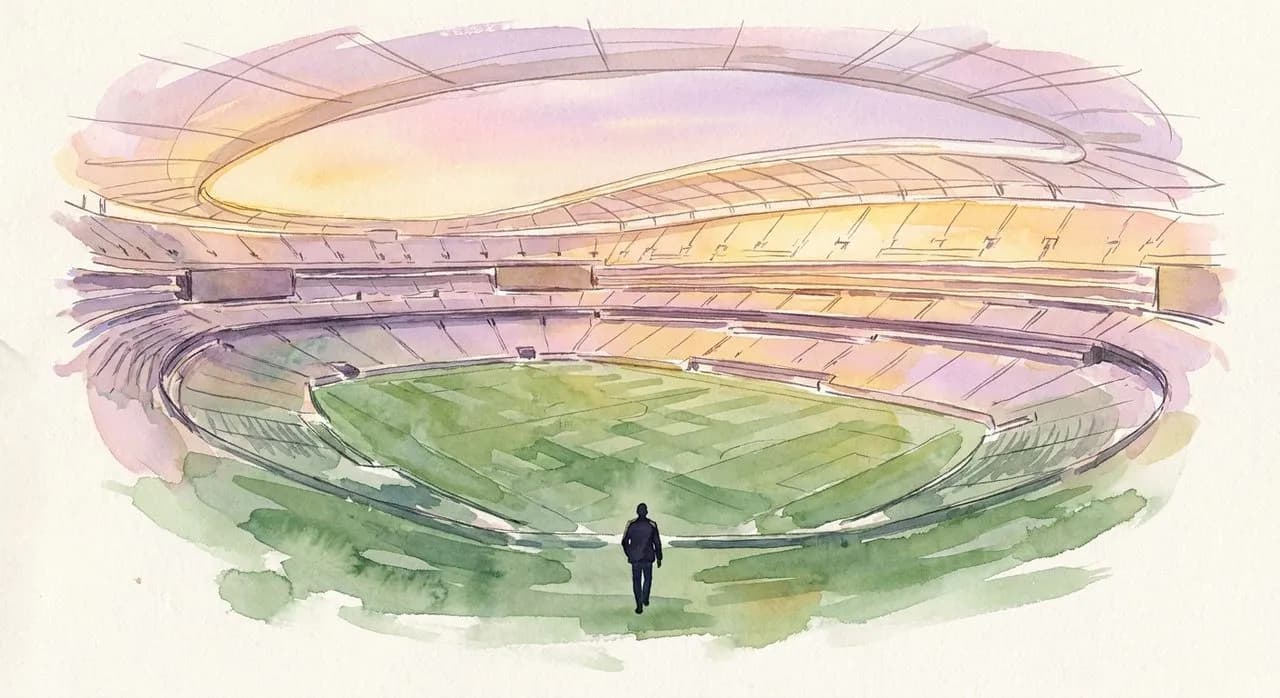 Watercolor of an empty MetLife-style stadium at sunset with a single lone figure walking toward center circle