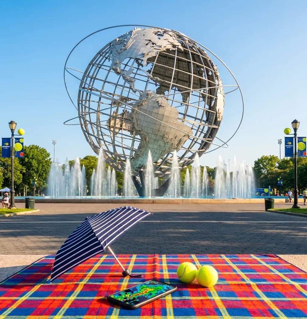 The Unisphere on a bright Queens morning with a picnic cloth, umbrella, tennis balls, and weather planning phone.
