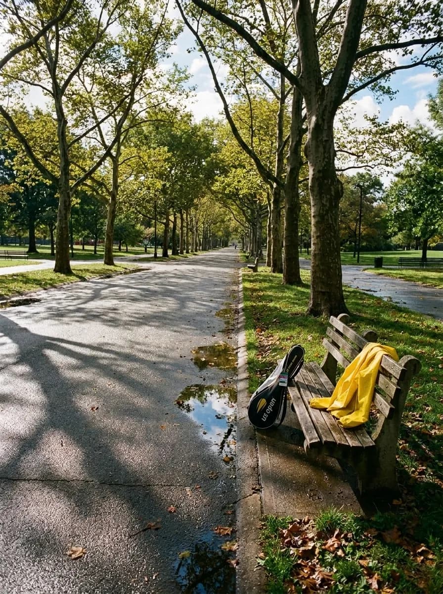 A sunlit path in Flushing Meadows after a shower with a rain shell and tennis bag beside a bench.