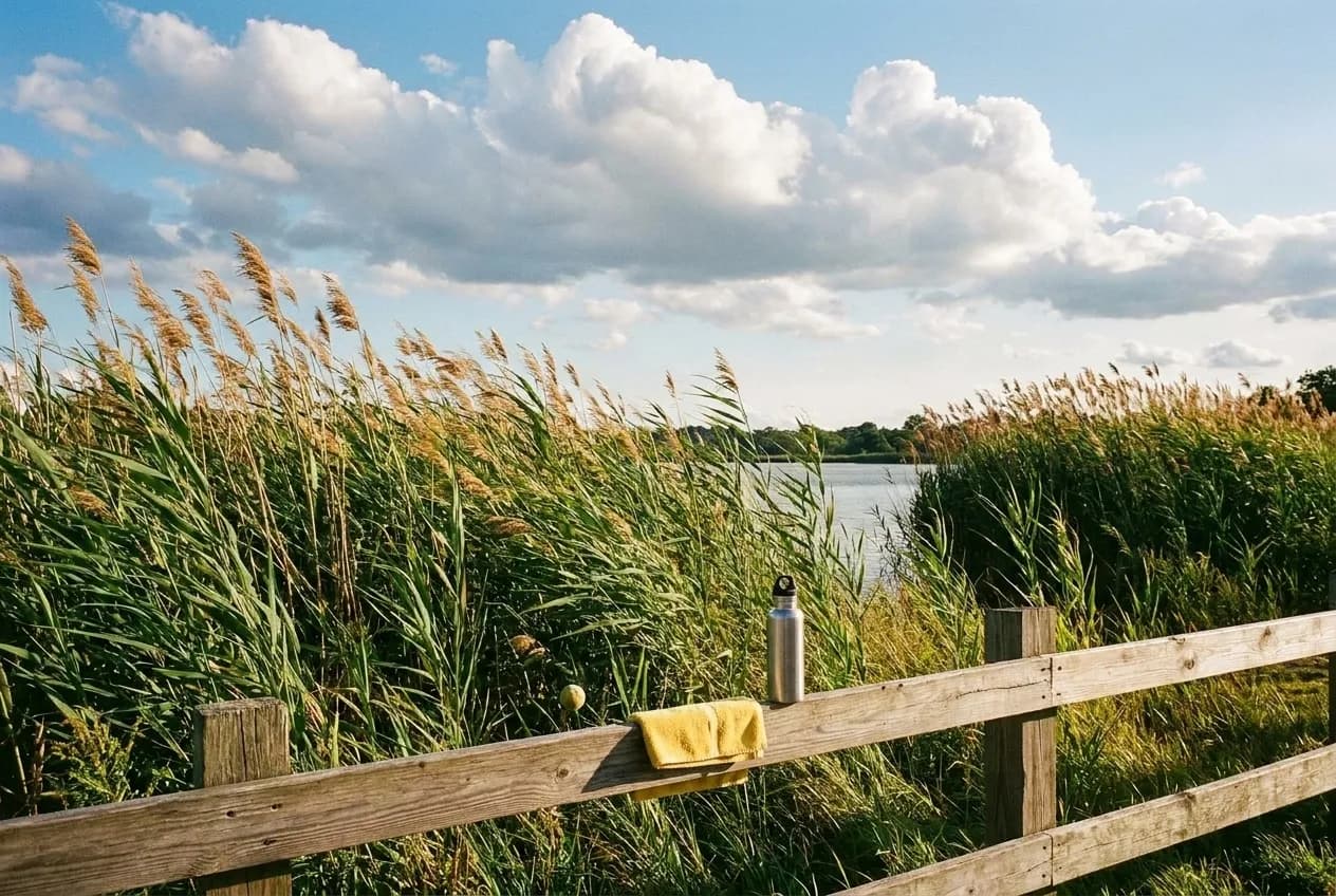 Tall grasses and changing clouds beside Meadow Lake with a tennis towel and reusable bottle.