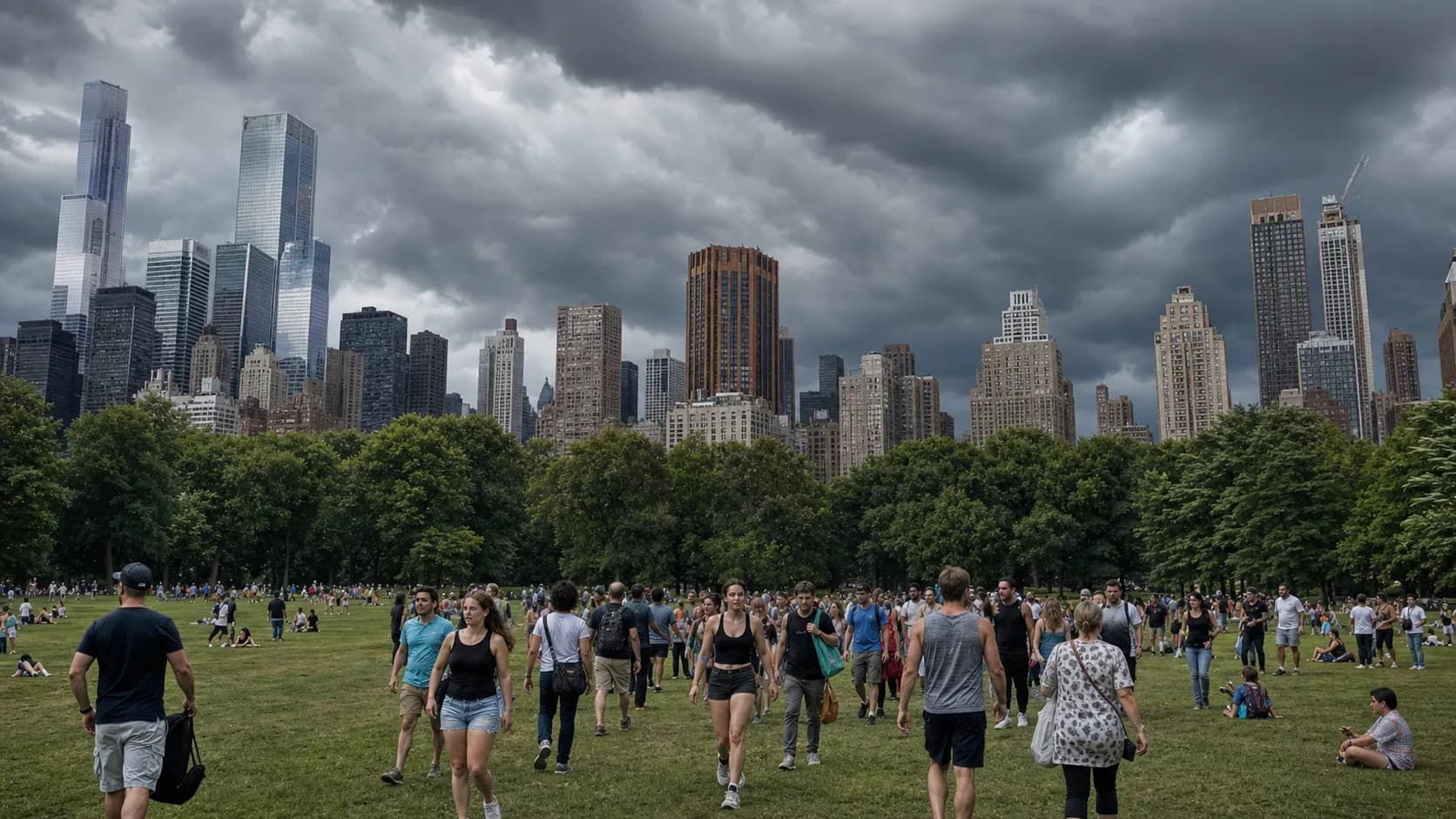 People leaving an open area of Central Park as storm clouds move in.