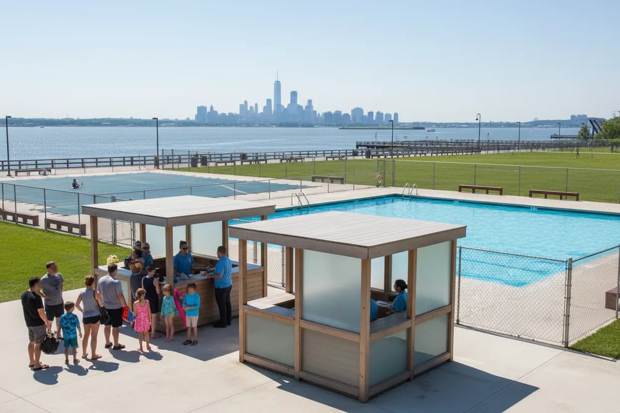 Waterfront community pool check-in near the Manhattan skyline