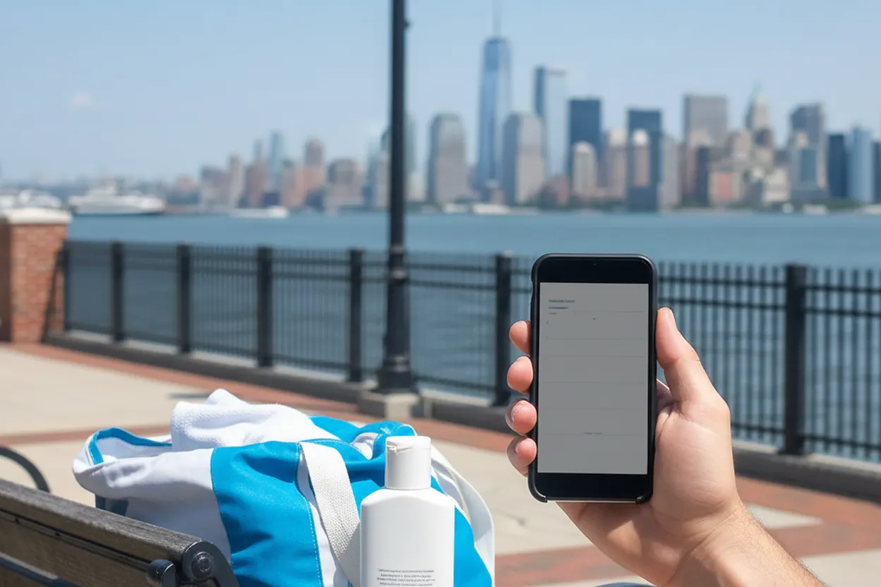 Day-pass phone and summer pool bag on the Weehawken waterfront